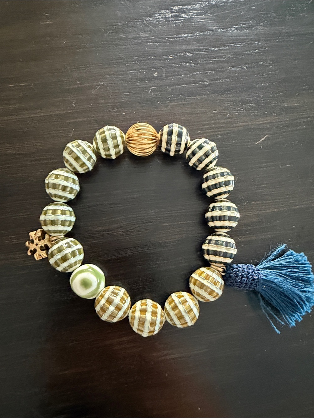Tory Burch Green, Gold and Navy Beaded Tassel Bracelet